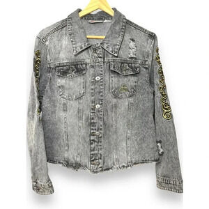Distressed Denim Jacket with Zelda Triforce Embroidery Gamer Streetwear‎